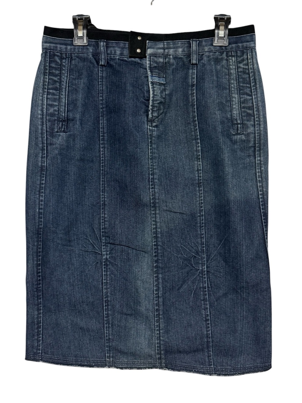 Long Modest Denim Jean Pencil Skirt Size Medium Dark Wash Fall Classy Minimalist